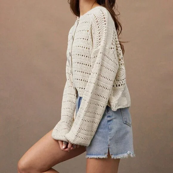 Apricot Casual Women's Crochet Open Knit Button Front Crewneck Cardigan Sweater - Picture 5 of 5